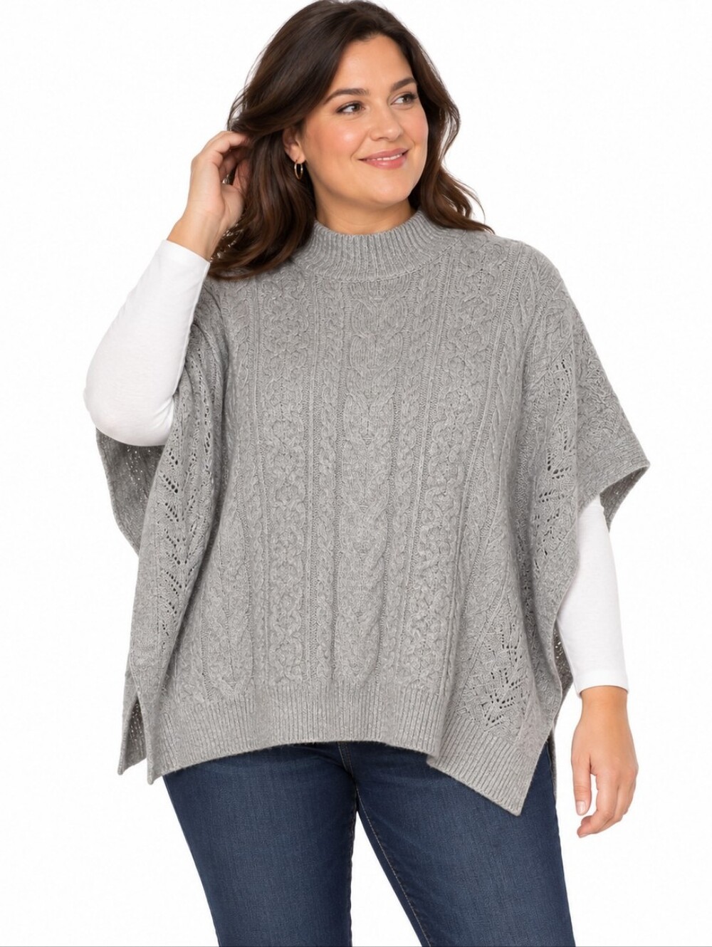 Rachel Zoe Gray Cable Knit Poncho Sweater 2X Turtleneck Oversized